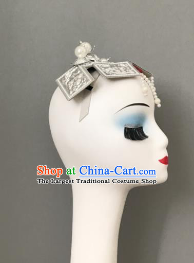 Chinese Mongol Minority Dance Hair Jewelry Mongolian Nationality Woman Headdress Ethnic Stage Performance White Beads Headpiece