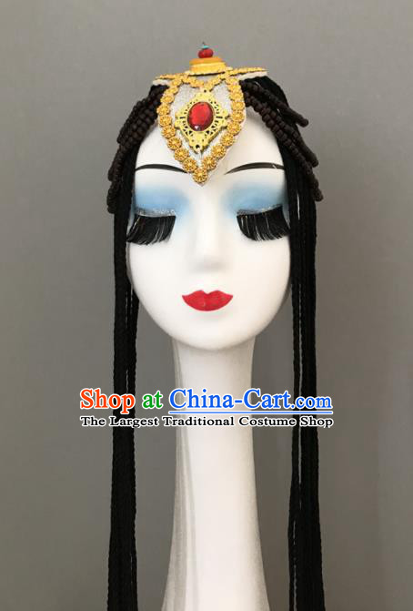 Chinese Ethnic Stage Performance Hair Jewelries Tibetan Minority Dance Headwear Zang Nationality Woman Braids Headdress