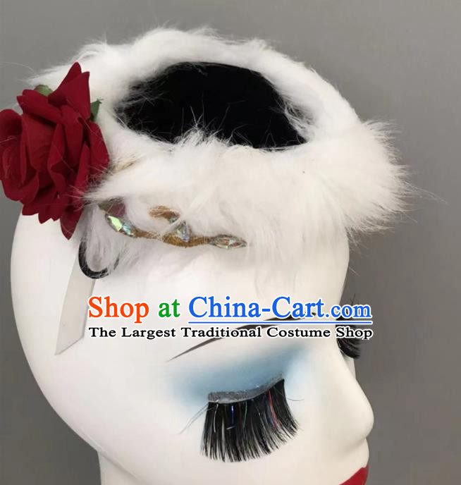 Chinese Ethnic Stage Performance White Fur Hat Mongolian Minority Dance Headwear Mongol Nationality Woman Braids Headdress