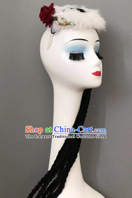 Chinese Ethnic Stage Performance White Fur Hat Mongolian Minority Dance Headwear Mongol Nationality Woman Braids Headdress