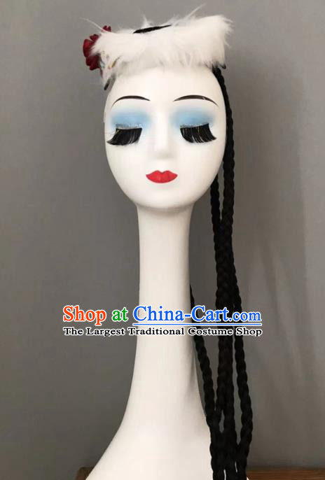 Chinese Ethnic Stage Performance White Fur Hat Mongolian Minority Dance Headwear Mongol Nationality Woman Braids Headdress