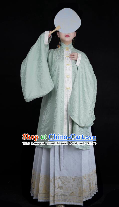 Chinese Ancient Young Mistress Clothing Traditional Hanfu Green Gown and Skirt Ming Dynasty Noble Woman Costumes