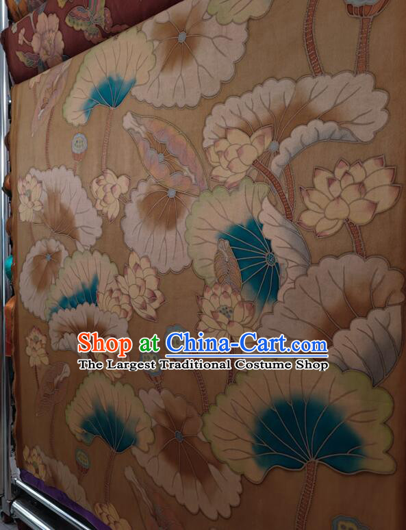 Chinese Classical Lotus Pattern Design Gambiered Guangdong Gauze Fabric Traditional Cheongsam Light Brown Silk Material