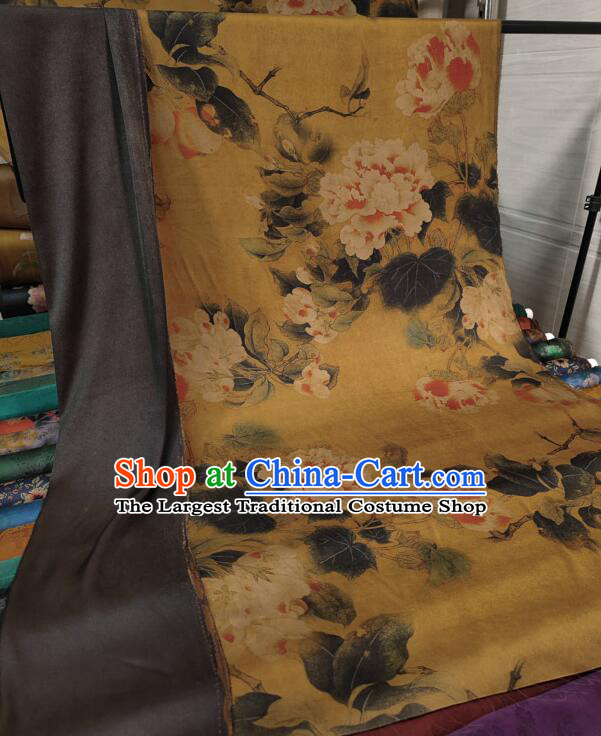Chinese Traditional Cheongsam Yellow Silk Material Classical Peony Pattern Design Gambiered Guangdong Gauze Fabric