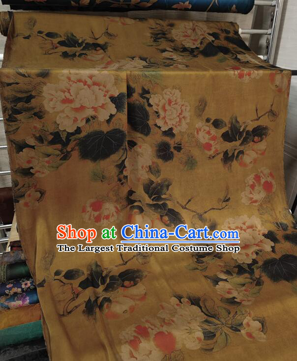Chinese Traditional Cheongsam Yellow Silk Material Classical Peony Pattern Design Gambiered Guangdong Gauze Fabric