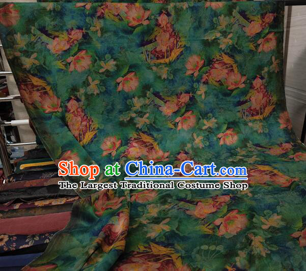 Chinese Classical Lotus Pattern Design Gambiered Guangdong Gauze Fabric Traditional Cheongsam Green Silk Material