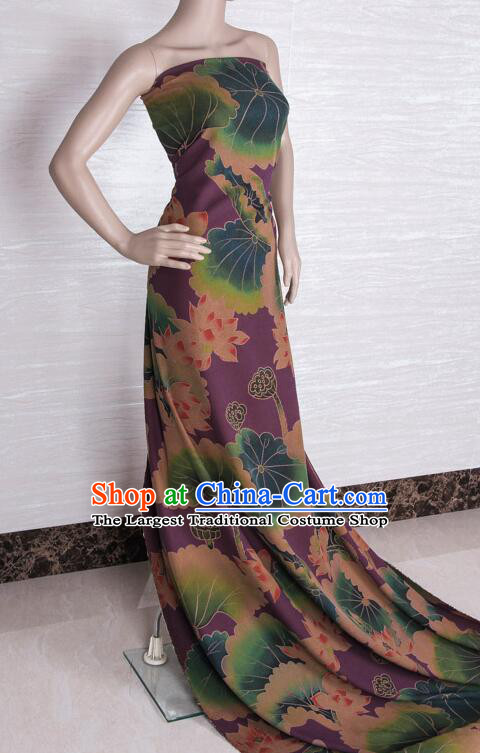 Chinese Traditional Lotus Pattern Design Gambiered Guangdong Gauze Fabric Asian Purple Silk Material