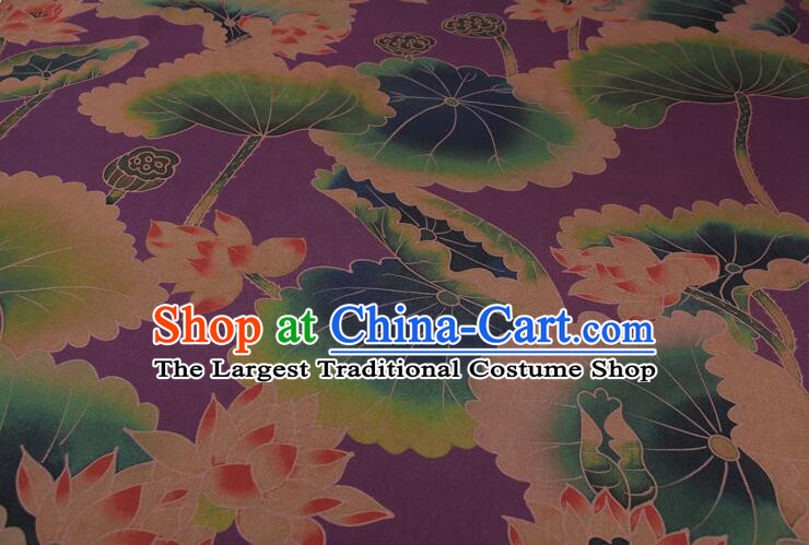 Chinese Traditional Lotus Pattern Design Gambiered Guangdong Gauze Fabric Asian Purple Silk Material