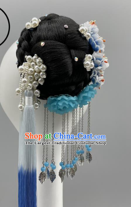 Chinese Stage Performance Wig Chignon Classical Dance Headpiece Woman Dance Competition Hair Jewelries