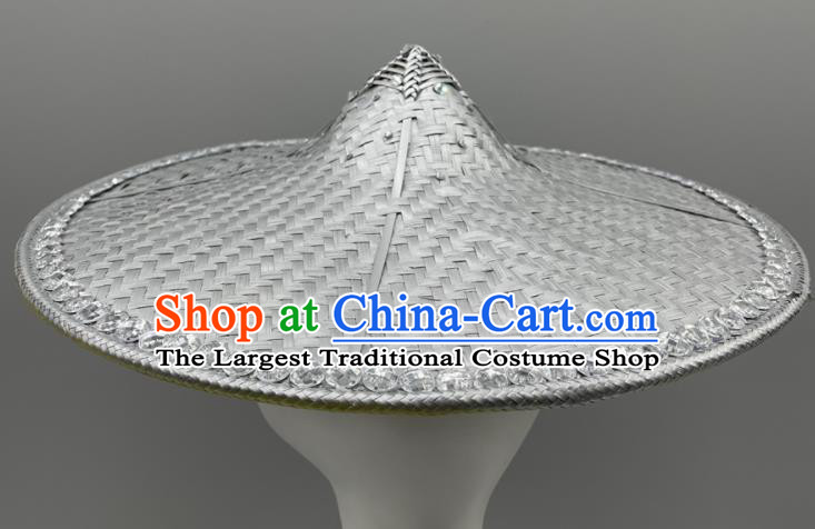 Chinese Dai Nationality Dance Headdress Yunnan Folk Dance Grey Bamboo Hat Stage Performance Headwear