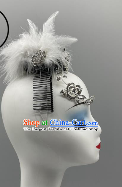 Chinese Stage Performance White Feather Hair Comb Folk Dance Hairpiece Yangko Dance Headwear Women Group Dance Hair Jewelry