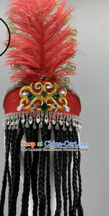 Chinese Xinjiang Dance Red Feather Headband Ethnic Stage Performance Hair Jewelry Uyghur Nationality Folk Dance Headdress