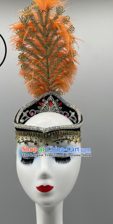 Chinese Ethnic Stage Performance Hair Jewelry Uyghur Nationality Folk Dance Headdress Xinjiang Dance Orange Feather Hat
