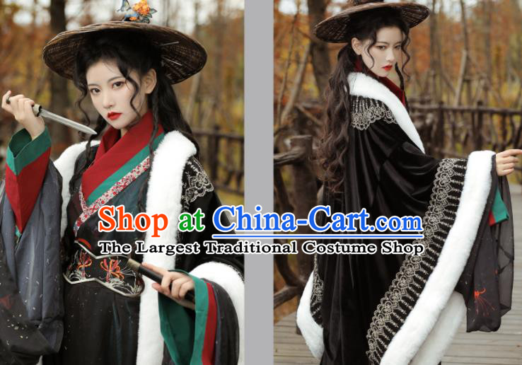 Chinese Traditional Hanfu Straight Front Robe Black Dresses Ancient Noble Lady Clothing Han Dynasty Court Woman Garment Costumes