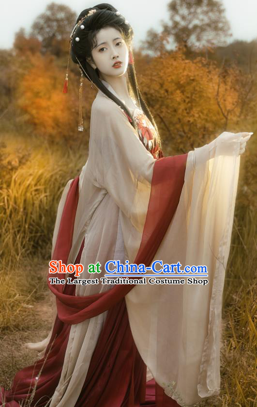 Chinese Tang Dynasty Princess Garment Costumes Traditional Dark Red Hanfu Dresses Ancient Goddess Clothing
