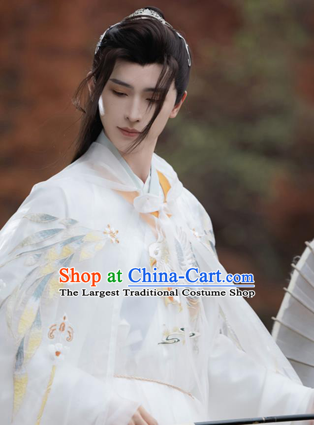 China Ancient Swordsman Costume Ming Dynasty Male White Cape Traditional Hanfu Embroidered Cloak