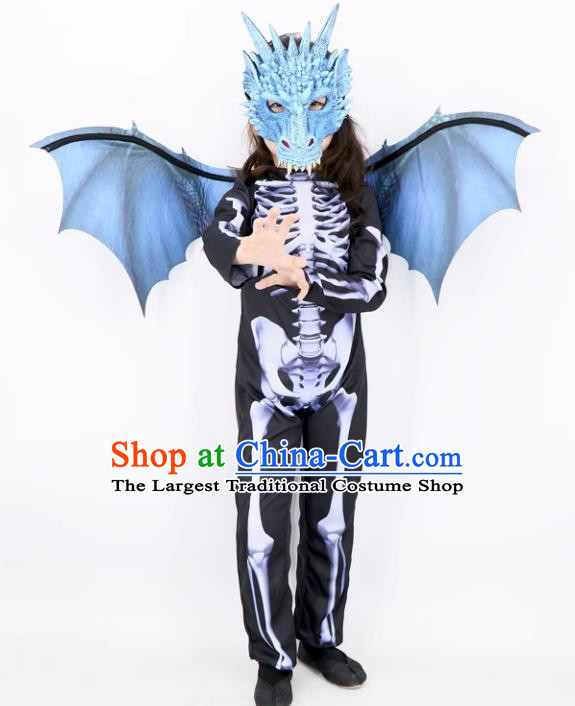 Halloween Fancy Ball Costume Carnival Clothing Cosplay Dinosaur Blue Mask and Wings Set