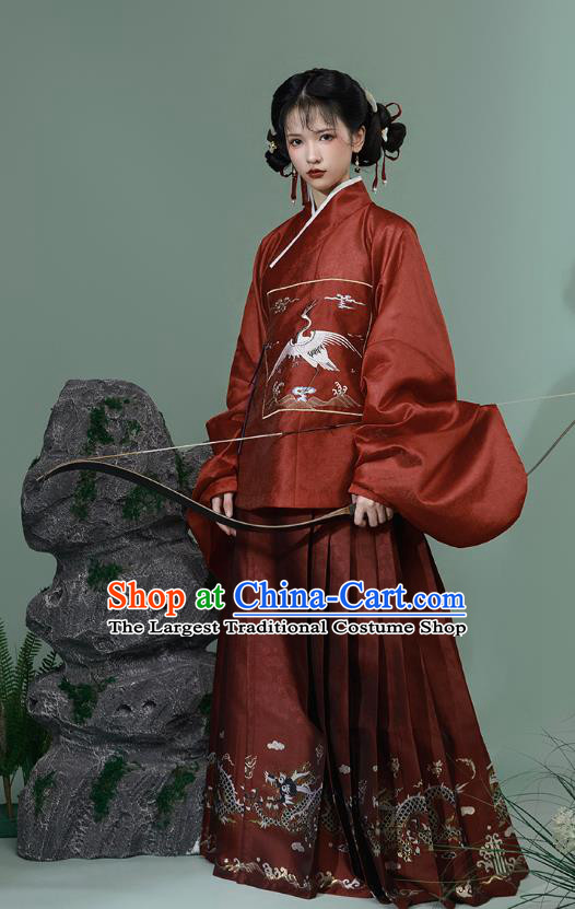 China Traditional Hanfu Ancient Young Woman Costumes Ming Dynasty Red Brocade Shirt and Skirt Complete Set
