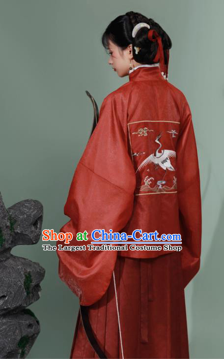 China Traditional Hanfu Ancient Young Woman Costumes Ming Dynasty Red Brocade Shirt and Skirt Complete Set