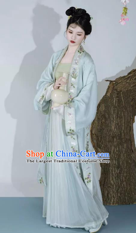 China Song Dynasty Young Woman Dresses Ancient Princess Replica Costumes Traditional Embroidered Light Blue Hanfu Fashion