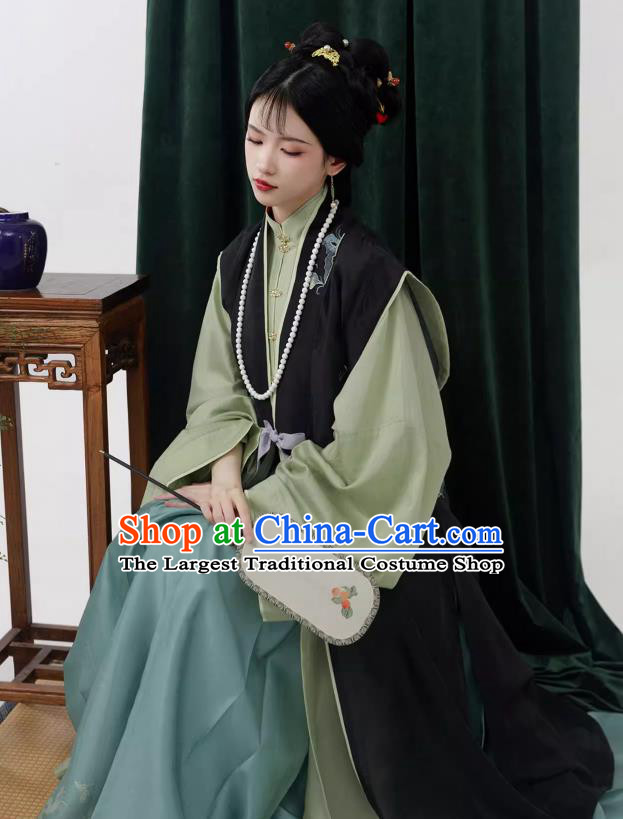 China Ancient Young Mistress Costumes Traditional Hanfu Ming Dynasty Black Long Vest Green Gown and Blue Ma Mian Qun Skirt Complete Set