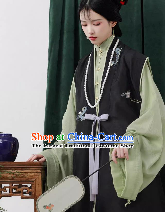 China Ancient Young Mistress Costumes Traditional Hanfu Ming Dynasty Black Long Vest Green Gown and Blue Ma Mian Qun Skirt Complete Set