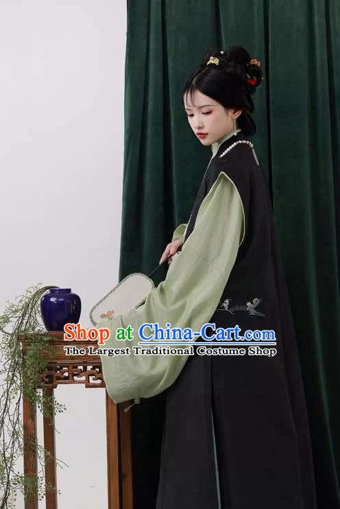 China Ancient Young Mistress Costumes Traditional Hanfu Ming Dynasty Black Long Vest Green Gown and Blue Ma Mian Qun Skirt Complete Set