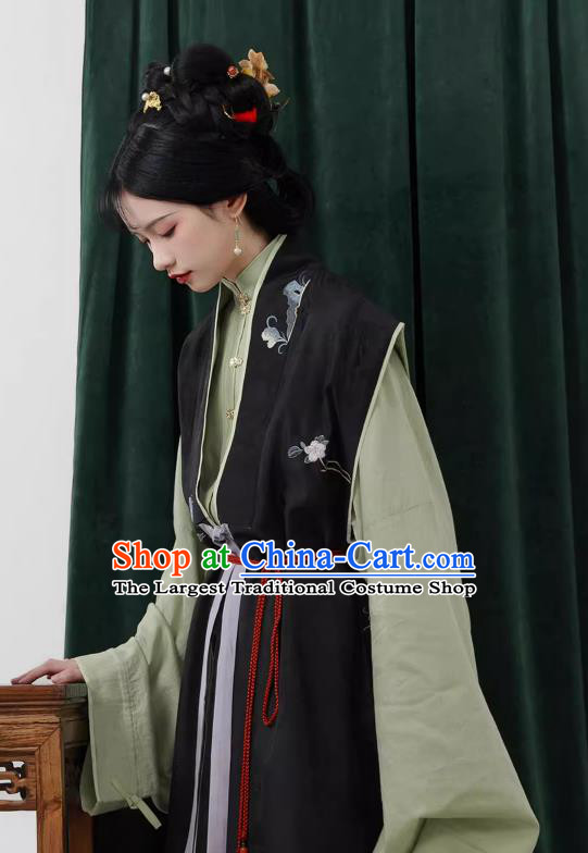 China Ancient Young Mistress Costumes Traditional Hanfu Ming Dynasty Black Long Vest Green Gown and Blue Ma Mian Qun Skirt Complete Set