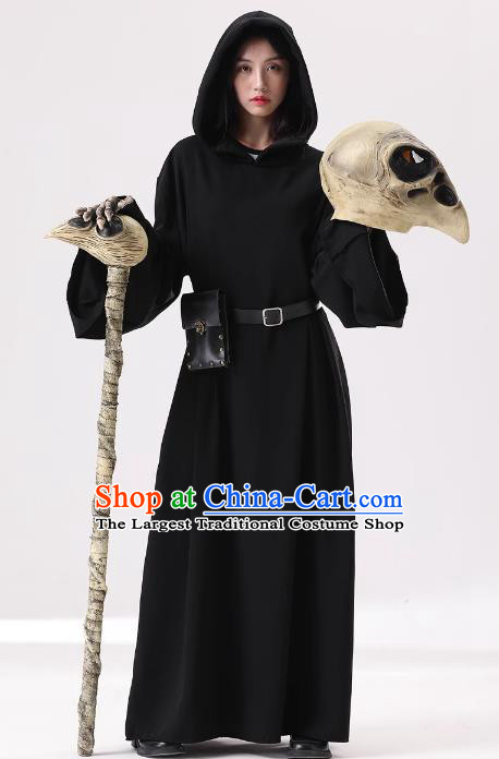Halloween Fancy Ball Crow Skull Costume Top Cosplay Demon Black Robe and Headdress for Adults