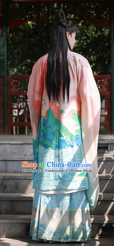 China Ancient Ming Dynasty Noble Childe Costumes Traditional Male Hanfu Embroidered Long Cape Gown and Skirt Complete Set