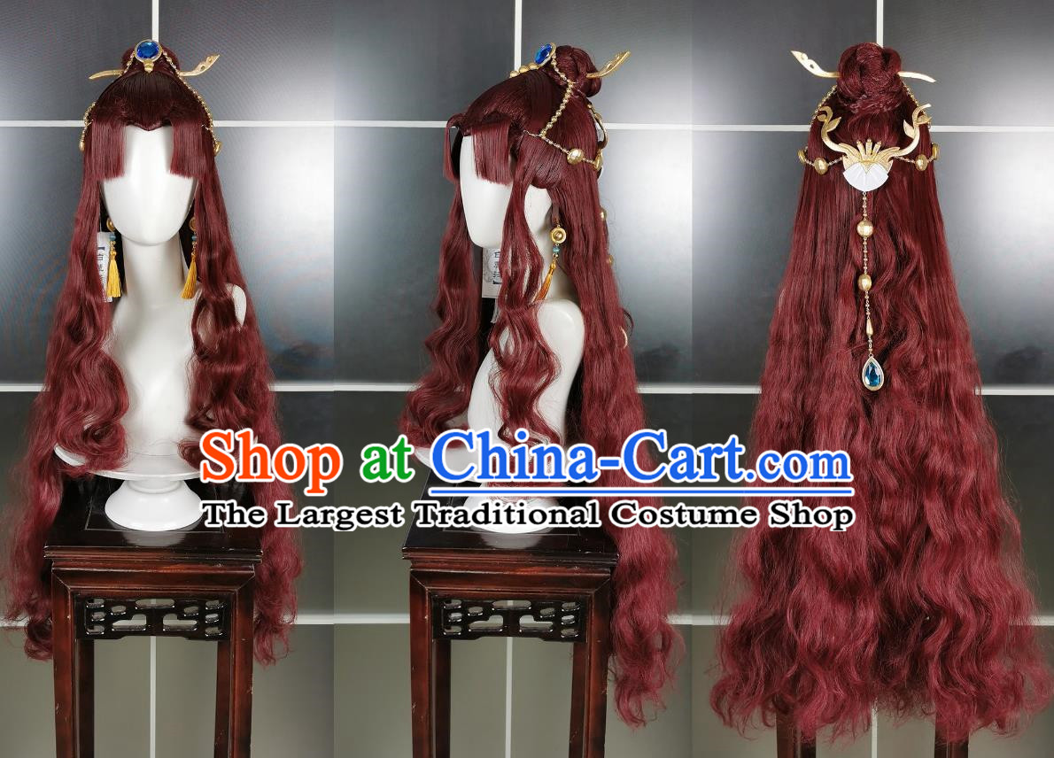 Penglai Npc Ginger Fish Wig Headdress Sword Net 3 Sword Three Cosplay Headwear Styling Hair