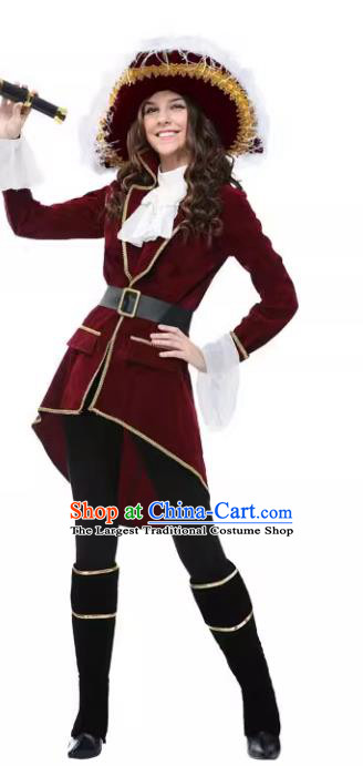 Halloween Stage Performance Clothing Fancy Ball Female Captain Costume Cosplay Woman Pirate Wine Red Outfit