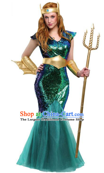 Halloween Fancy Ball Costume Cosplay Greek Goddess Green Dress Renaissance Stage Performance Siren Clothing