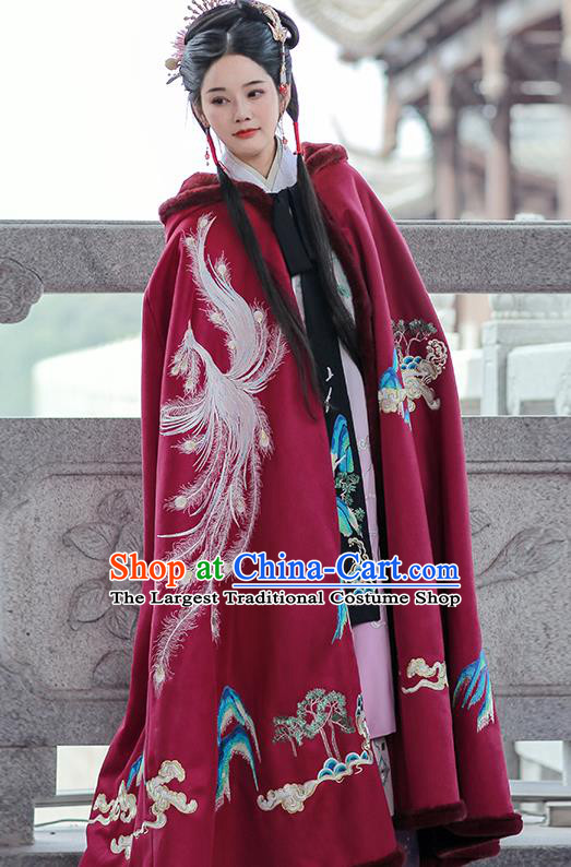 China Embroidered Hanfu Cape Ancient Princess Clothing Ming Dynasty Costumes Winter Wine Red Cloak