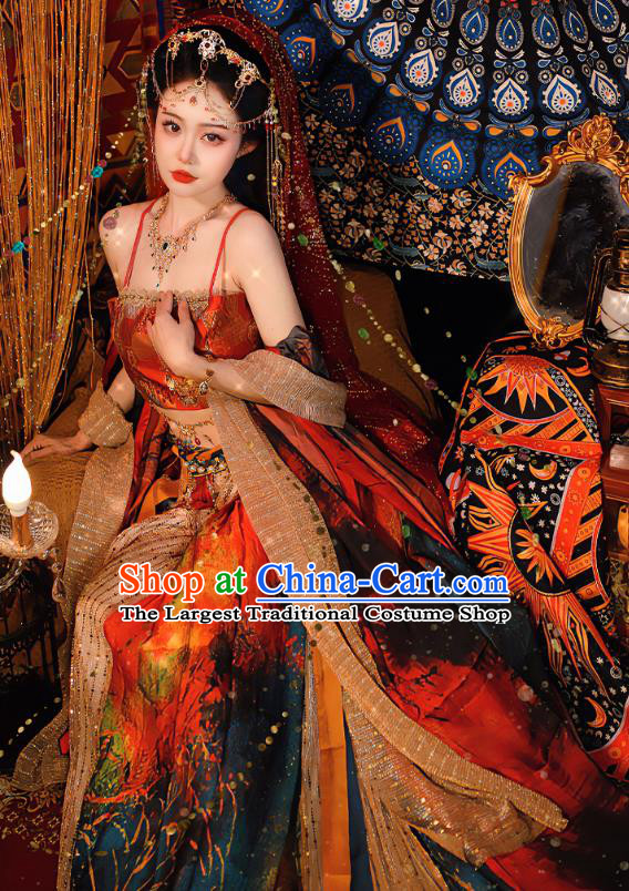 China Ancient Dancing Beauty Clothing Dun Huang Fairy Red Dress Western Region Xi Yu Dance Lady Costume