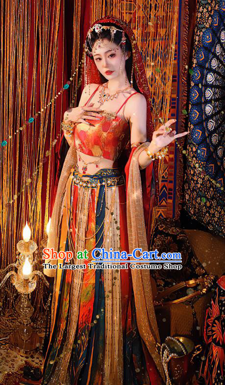 China Ancient Dancing Beauty Clothing Dun Huang Fairy Red Dress Western Region Xi Yu Dance Lady Costume