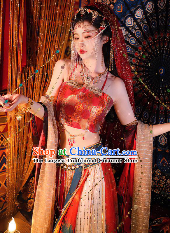 China Ancient Dancing Beauty Clothing Dun Huang Fairy Red Dress Western Region Xi Yu Dance Lady Costume