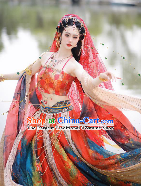 China Ancient Dancing Beauty Clothing Dun Huang Fairy Red Dress Western Region Xi Yu Dance Lady Costume