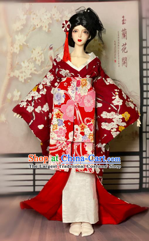 Top Super Dollfie Japanese Woman Clothing Customize Courtesan Red Trailing Kimono Handmade BJD Doll Costume