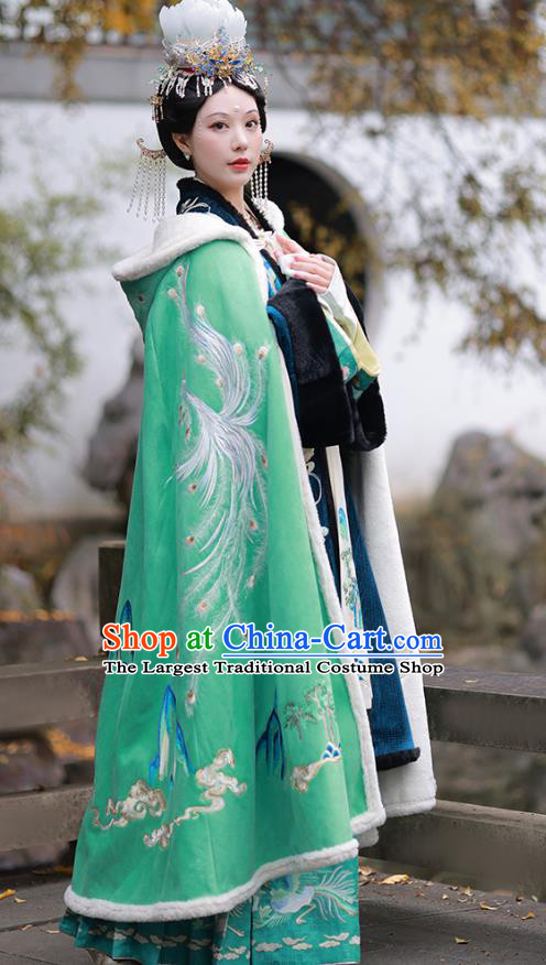 China Ancient Princess Clothing Song Dynasty Court Woman Costume Traditional Winter Hanfu Embroidered Green Cloak