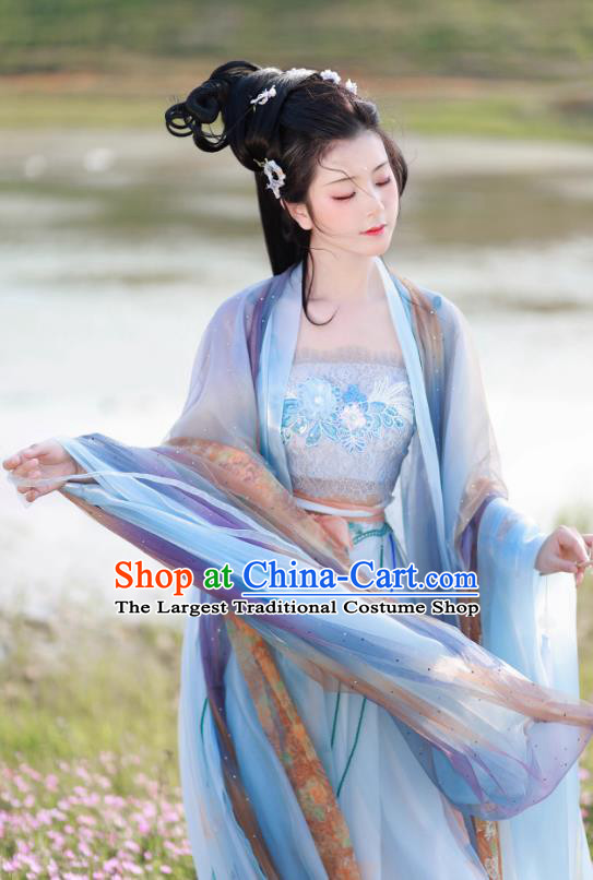 Traditional Hanfu Blue Hezi Dress China Ancient Princess Clothing Tang Dynasty Young Lady Costumes