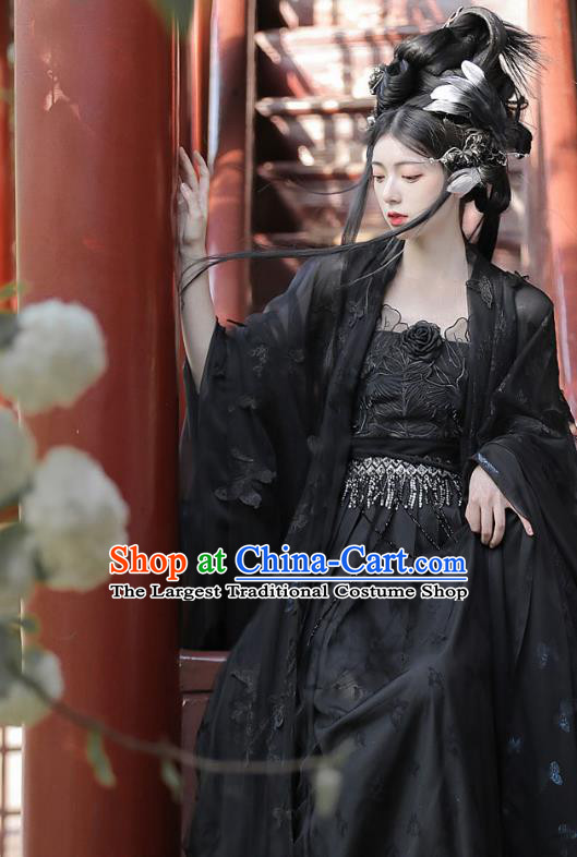 China Ancient Dark Angel Clothing Tang Dynasty Young Lady Costumes Traditional Hanfu Black Hezi Dress