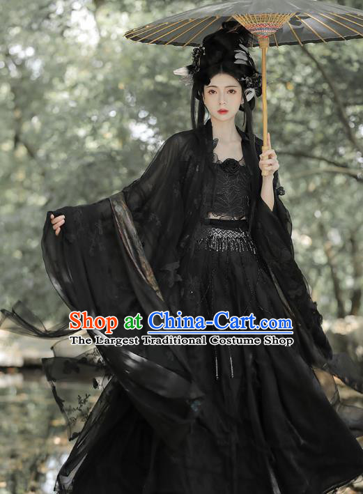 China Ancient Dark Angel Clothing Tang Dynasty Young Lady Costumes Traditional Hanfu Black Hezi Dress