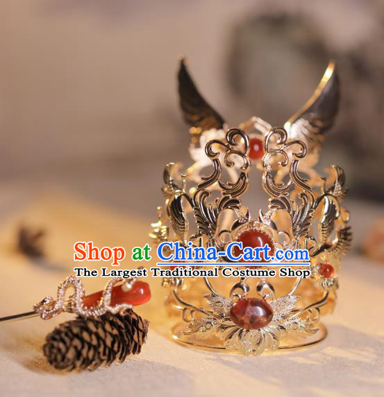 Chinese Ancient Emperor Hair Jewelries Top Hanfu Male Headgear Handmade Golden Crown and Hairpin