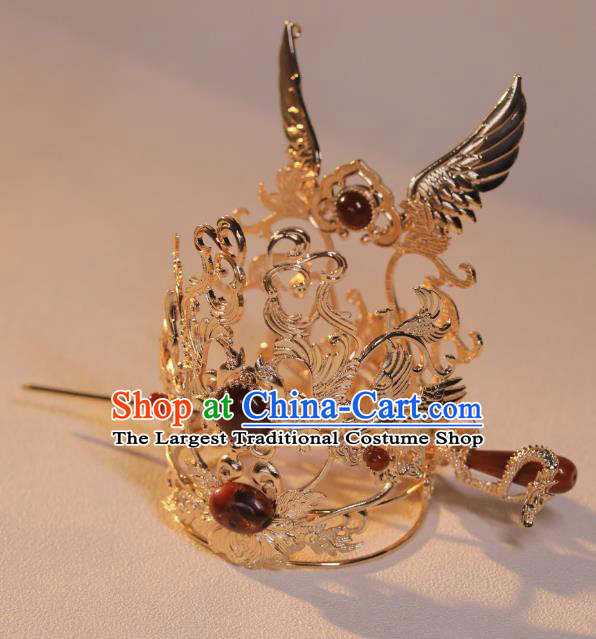 Chinese Ancient Emperor Hair Jewelries Top Hanfu Male Headgear Handmade Golden Crown and Hairpin