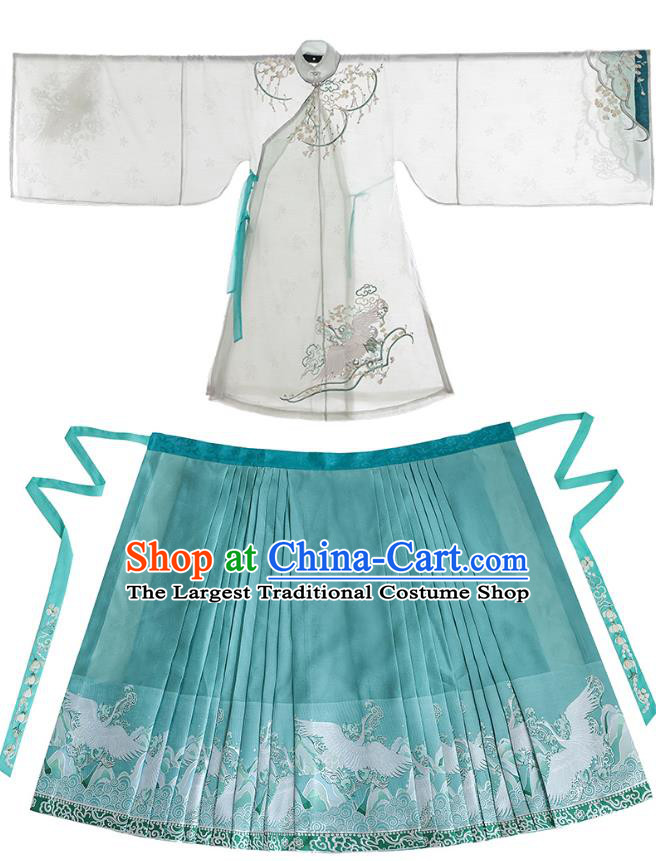China Ming Dynasty Embroidered Costumes Ancient Young Woman Clothing Traditional Hanfu Green Long Blouse and Mamian Qun Set