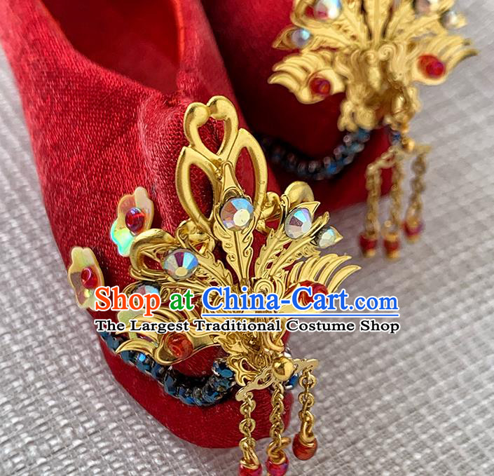 Chinese Traditional Embroidery Shoe Handmade Mazu Goddess Red Shoes Bodhisattva Phoenix Red Shoes
