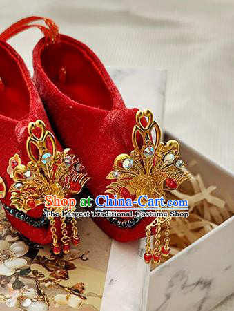 Chinese Traditional Embroidery Shoe Handmade Mazu Goddess Red Shoes Bodhisattva Phoenix Red Shoes