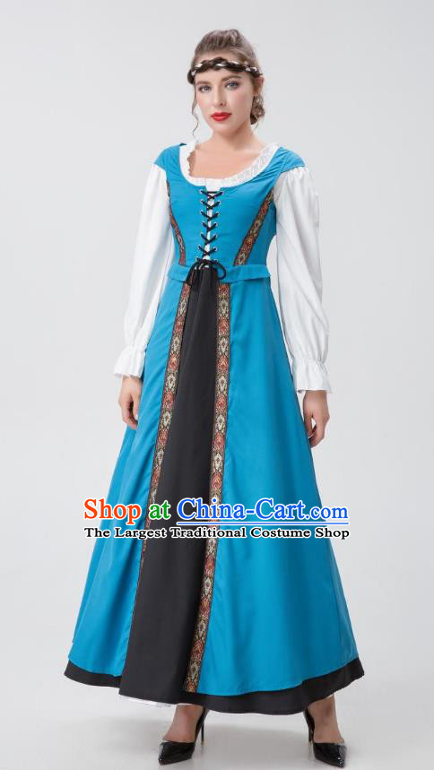Medieval European Costume Renaissance Woman Court Blue Long Dress Christmas Drama Performance Costume