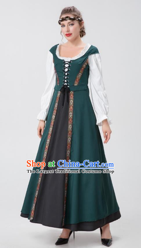 Renaissance Woman Court Dark Green Long Dress Christmas Drama Performance Costume Medieval European Costume